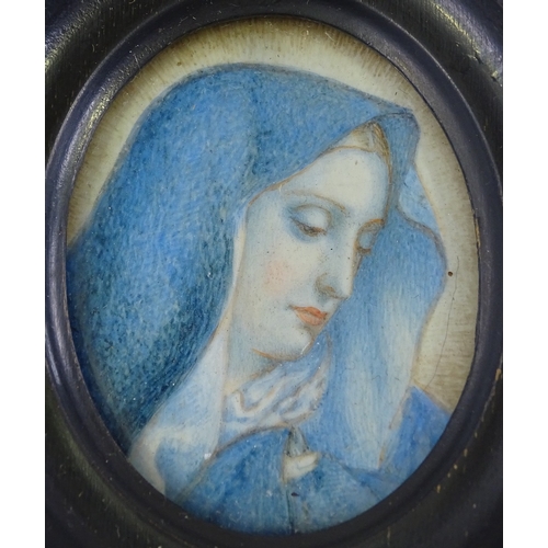 1281 - Miniature watercolour on ivory, study of the Virgin Mary, unsigned, ebonised frame, overall height 4... 