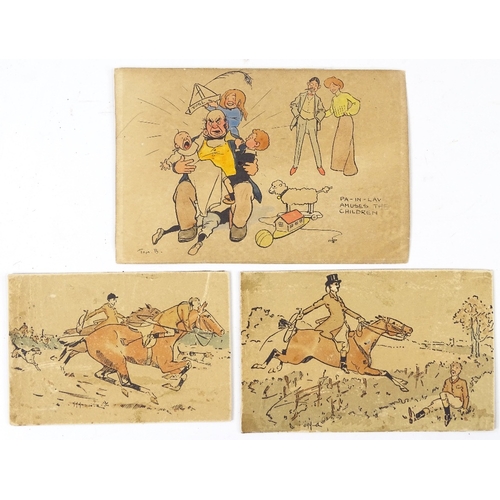 1283 - 3 miniature watercolours, by the same hand, including foxhunting scenes, largest 3.5