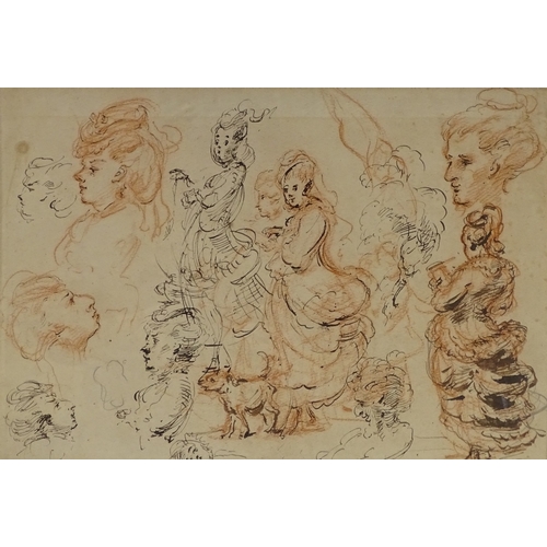 1286 - A sheet of ink and red chalk sketches, portrait studies, circa 1760, unsigned, 10