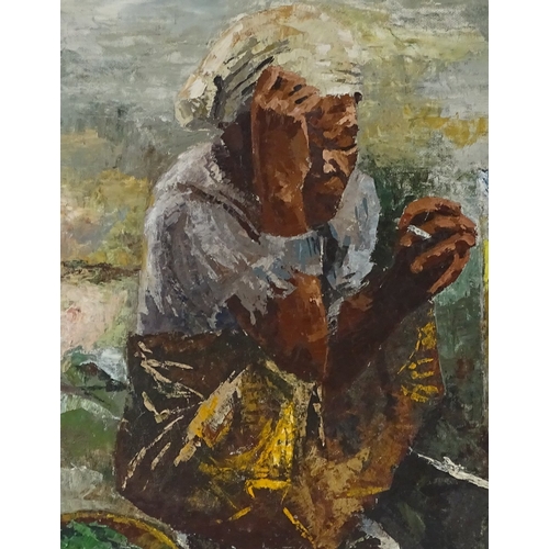 1289 - Oil on canvas board, Oriental street vendor, indistinctly signed, 24