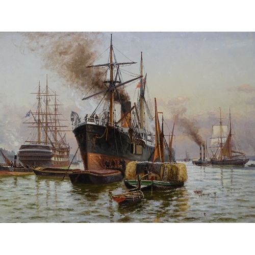 1291 - Charles John De Lacy (1856 - 1929), oil on canvas, cargo ships unloading on the Thames, signed, 24