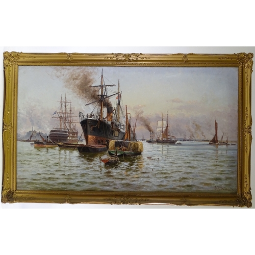 1291 - Charles John De Lacy (1856 - 1929), oil on canvas, cargo ships unloading on the Thames, signed, 24