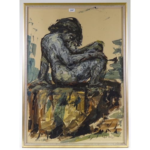 1297 - T O'Donnell, mixed media, oil / watercolour on paper, seated nude, 34