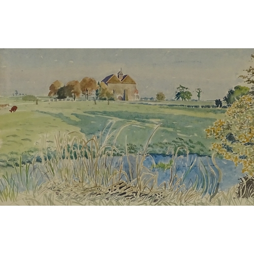 1306 - Guy Malet RBA (1900 - 1973), watercolour, across the marsh, Abbott and Holder exhibition label verso... 