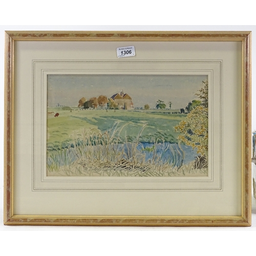 1306 - Guy Malet RBA (1900 - 1973), watercolour, across the marsh, Abbott and Holder exhibition label verso... 