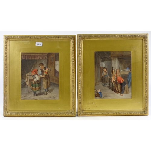 1307 - Joseph Aufray, pair of watercolours, interior scenes with children, 11