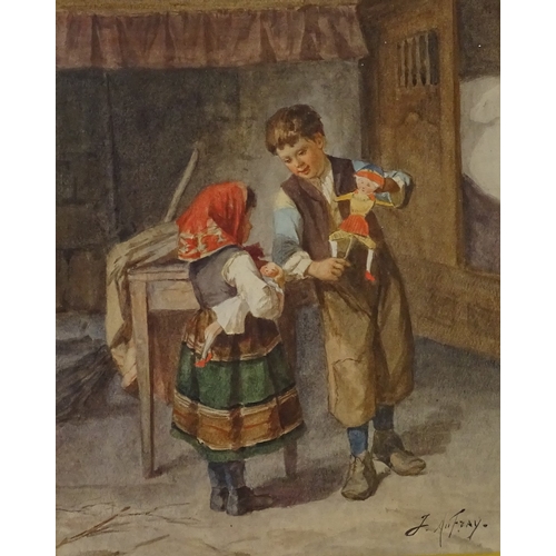 1307 - Joseph Aufray, pair of watercolours, interior scenes with children, 11