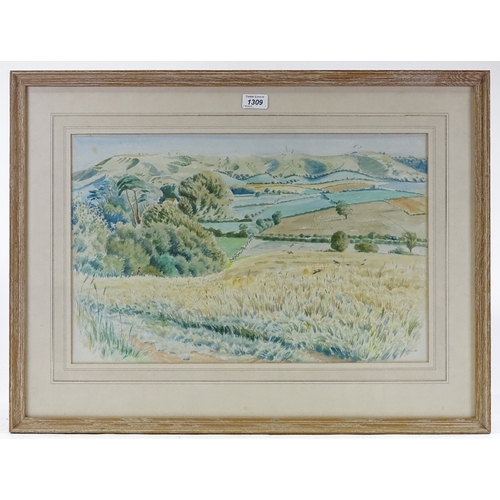 1309 - Guy Malet (1900 - 1973), watercolour, the Downs from The Lodge Hotel Ditchling Sussex, signed, 13.5