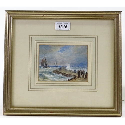 1316 - Early 19th century watercolour, shipping off Calais Pier, unsigned, 3.5