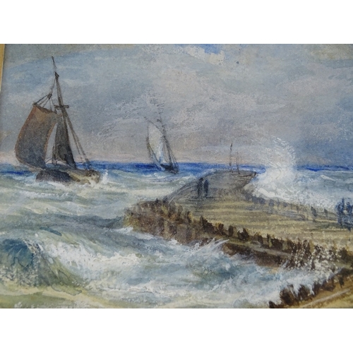 1316 - Early 19th century watercolour, shipping off Calais Pier, unsigned, 3.5