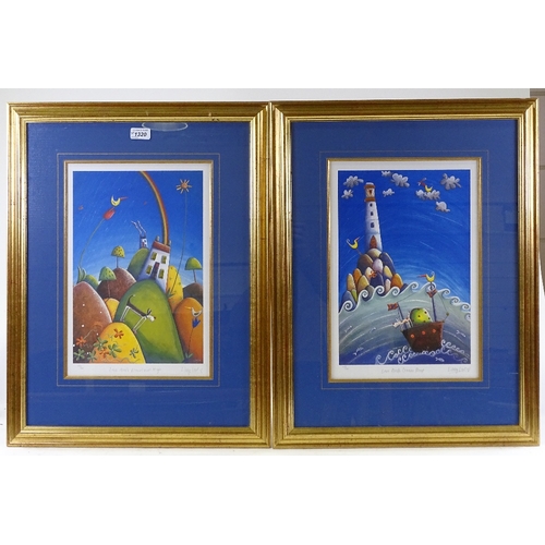 1320 - Libby Lord, pair of colour prints with gold leaf, love that's mountains high and love that oceans de... 