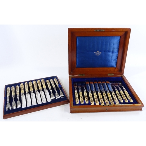 200 - A superb quality set of mid-19th century ivory Shibayama-handled dessert knives and forks for 12 peo... 