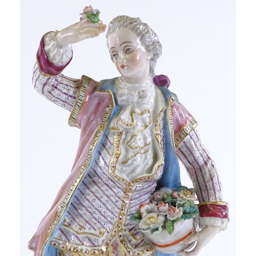 203 - A 19th century Continental porcelain figure of a man holding a basket of flowers, height 27cm