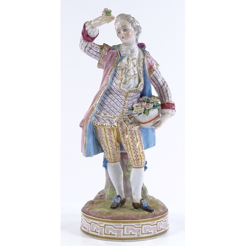 203 - A 19th century Continental porcelain figure of a man holding a basket of flowers, height 27cm