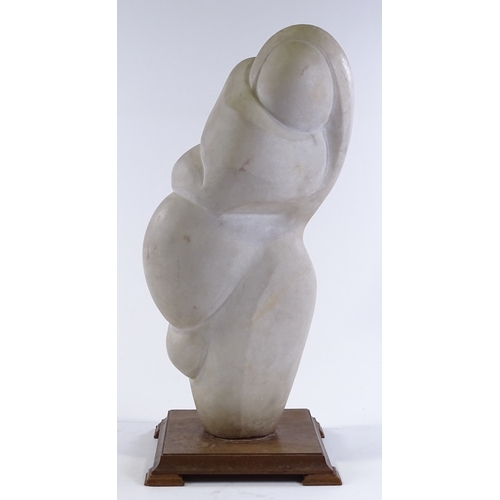 204 - A mid-20th century carved white marble sculpture, abstract figure, indistinctly signed M Tania?, on ... 