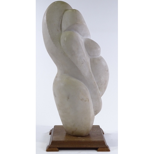 204 - A mid-20th century carved white marble sculpture, abstract figure, indistinctly signed M Tania?, on ... 