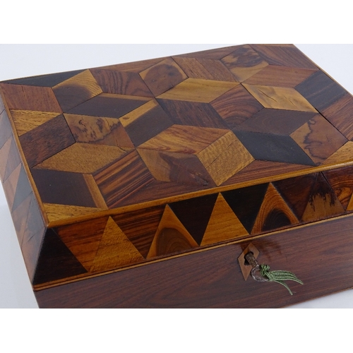 206 - A Victorian Tunbridge ware sewing box, with cube parquetry decorated lid, and tray fitted interior, ... 