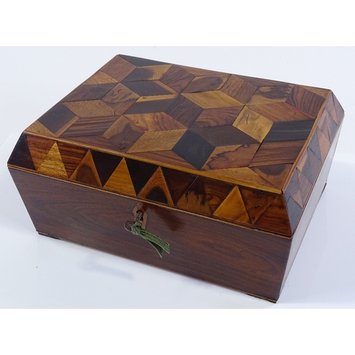 206 - A Victorian Tunbridge ware sewing box, with cube parquetry decorated lid, and tray fitted interior, ... 