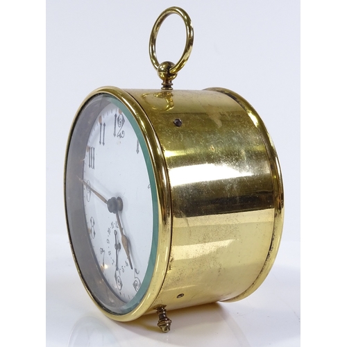 207 - A Victorian brass drum-cased travelling alarm clock, with enamel dial, striking on a bell, diameter ... 