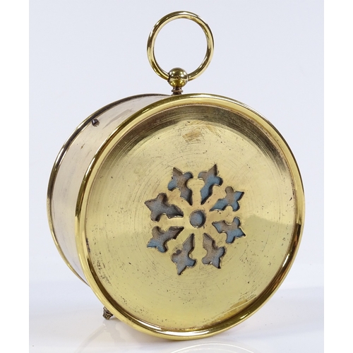 207 - A Victorian brass drum-cased travelling alarm clock, with enamel dial, striking on a bell, diameter ... 