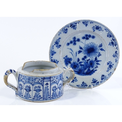 209 - An Antique Delft tin-glazed 2-handled pot, diameter excluding handles 13cm, and a Delft floral decor... 