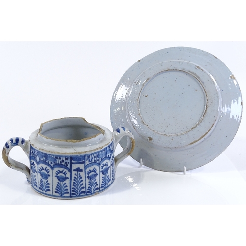 209 - An Antique Delft tin-glazed 2-handled pot, diameter excluding handles 13cm, and a Delft floral decor... 