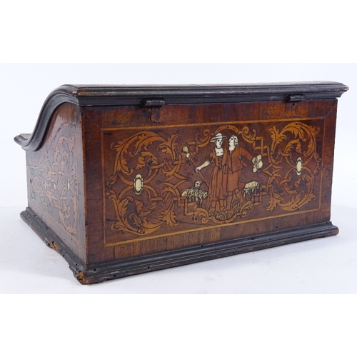 217 - An 18th century Dutch marquetry and walnut desktop box, with serpentine-shaped lid and boxwood and i... 