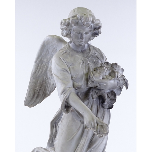 220 - A 19th century French bisque porcelain figure of an angel on marble plinth, height 54cm