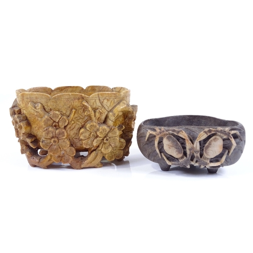 228 - A Chinese relief carved soapstone pot, length 11cm, and a small Oriental ink pot decorated with crab... 