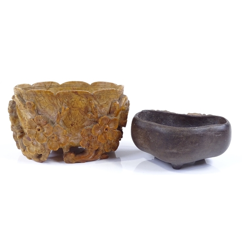 228 - A Chinese relief carved soapstone pot, length 11cm, and a small Oriental ink pot decorated with crab... 