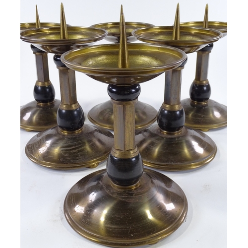 47 - A set of 6 Art Deco patinated brass pricket candle stands, height 25cm