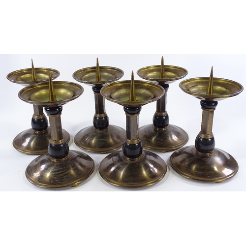 47 - A set of 6 Art Deco patinated brass pricket candle stands, height 25cm