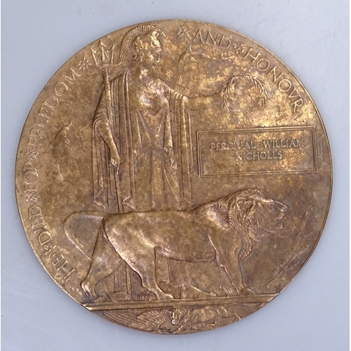 105 - A First War bronze death plaque to Percival William Nicholls