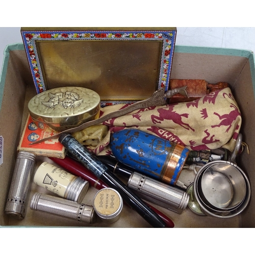 106 - A mixed box of items, including an Indian silver paper knife, a micro-mosaic photo frame, pocket lig... 