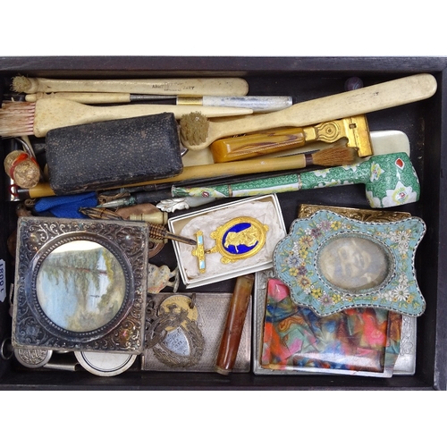 107 - A mixed box of items, including a square silver photo frame, a 1940 Police whistle, a micro-mosaic p... 