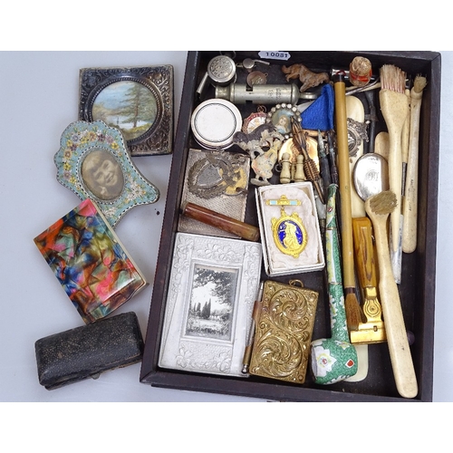 107 - A mixed box of items, including a square silver photo frame, a 1940 Police whistle, a micro-mosaic p... 