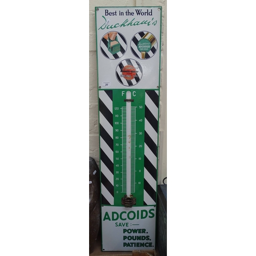 20 - A large Vintage enamel advertising thermometer sign, for Duckham's Adcoids oil, height 45