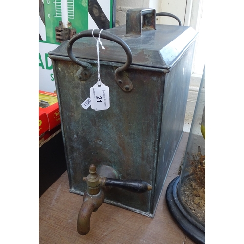 21 - A Vintage rectangular copper water flagon with brass tap, length 14