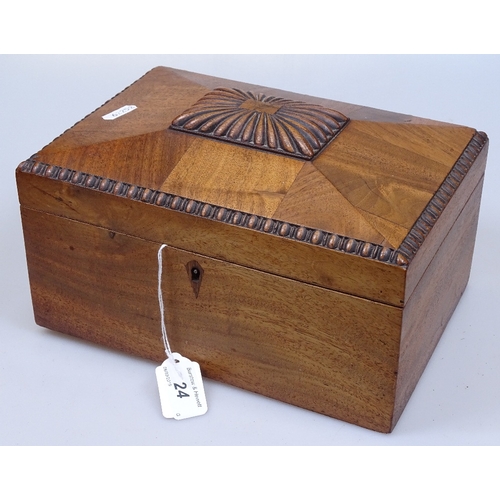 24 - A 19th century carved mahogany workbox, with fitted interior and contents