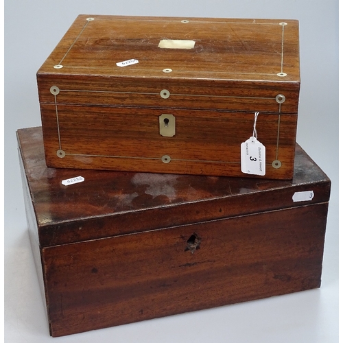 3 - A 19th century inlaid rosewood workbox with fitted interior, width 11