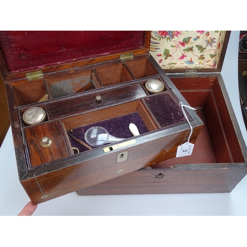 3 - A 19th century inlaid rosewood workbox with fitted interior, width 11