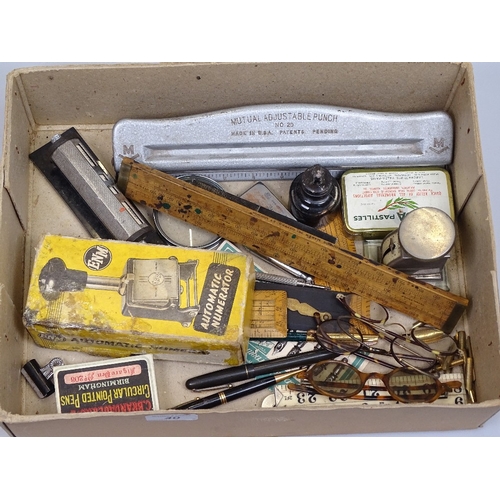 40 - A collection of Vintage desk items, including rulers, drawing instruments, spectacles etc