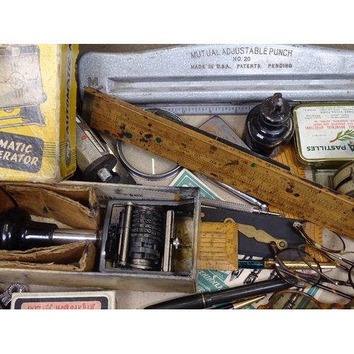 40 - A collection of Vintage desk items, including rulers, drawing instruments, spectacles etc