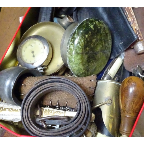 43 - A mixed box of items, including pocket knives, a miniature fan etc