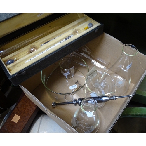 44 - A group of laboratory equipment, including glass jars, a cased hydrometer, a syringe etc