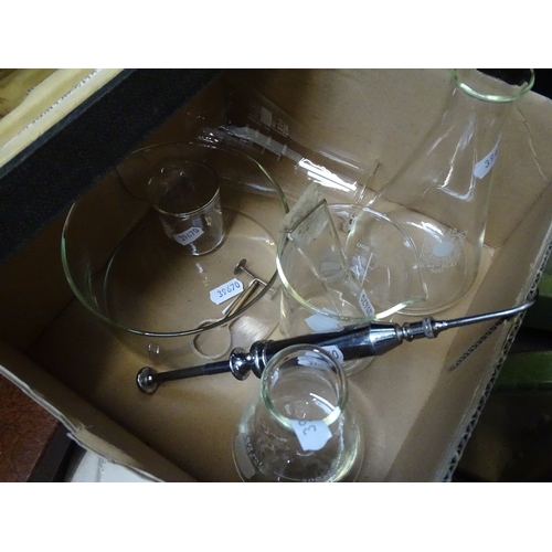 44 - A group of laboratory equipment, including glass jars, a cased hydrometer, a syringe etc