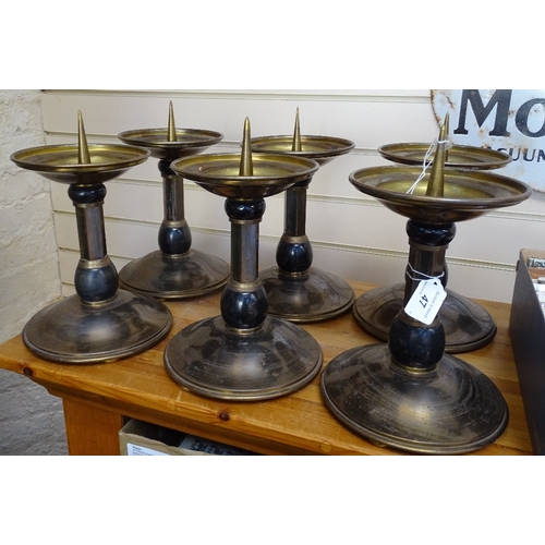 47 - A set of 6 Art Deco patinated brass pricket candle stands, height 25cm