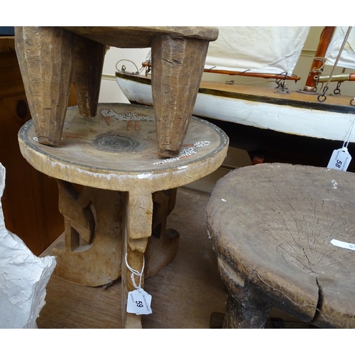 59 - 3 African Tribal wood stools, and a stringed instrument with shell mounts (4)