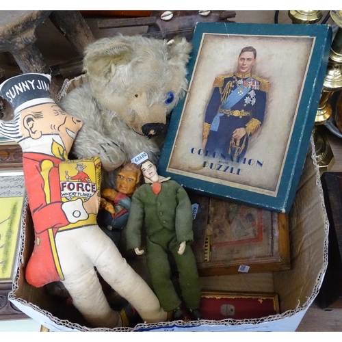 64 - A group of Vintage toys, including a straw-filled teddy bear, a George VI Coronation puzzle etc