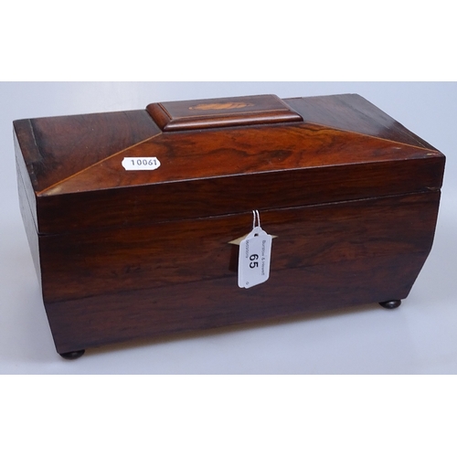 65 - A 19th century rosewood and marquetry inlaid tea caddy, length 12